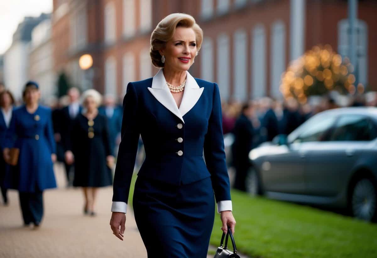 A woman in elegant attire walks with poise and grace, exuding warmth and pride