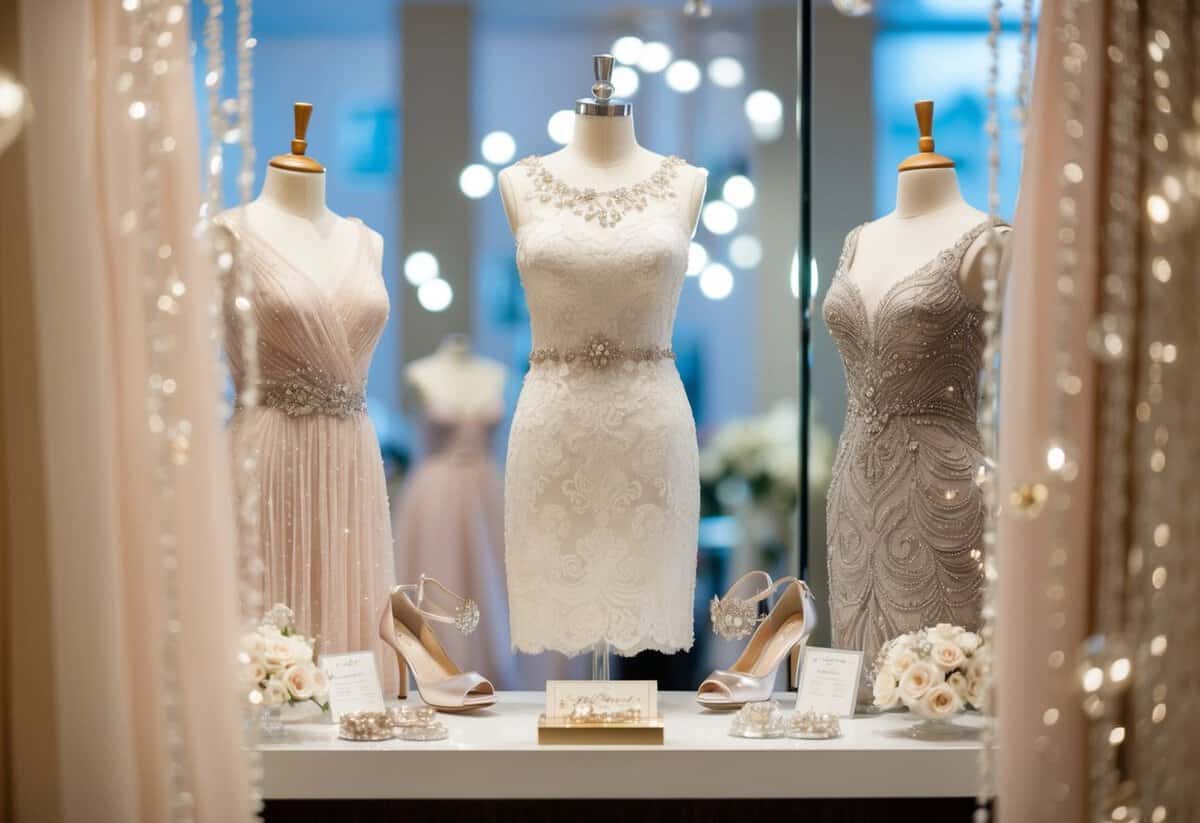 A boutique display with elegant mother of the bride outfits, surrounded by sparkling accessories and delicate fabrics