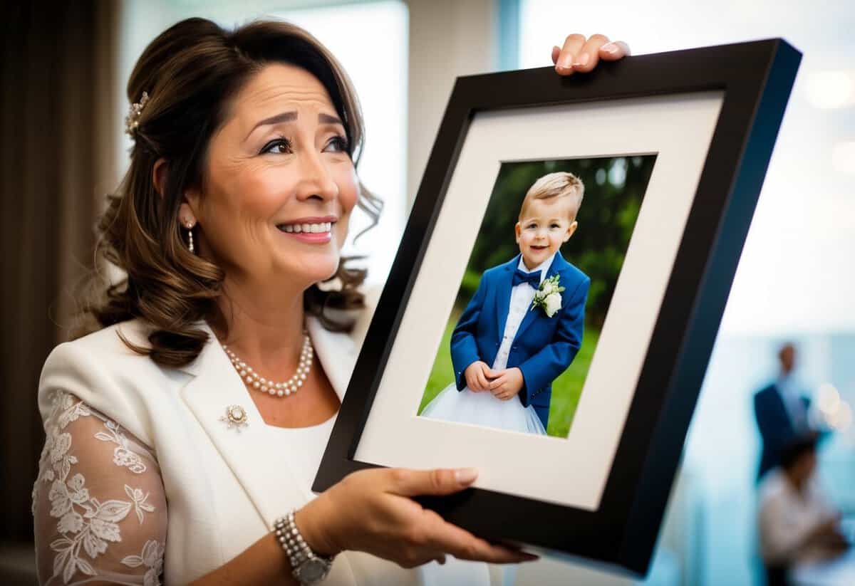 A mother presents a framed wedding photo of her son as a child, with a heartfelt smile and tears in her eyes