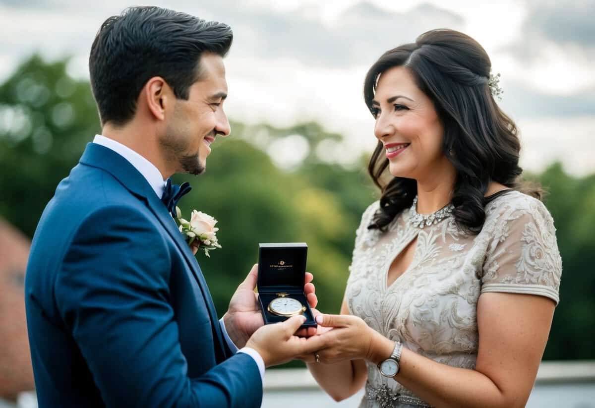 A mother presenting her son with a pocket watch or family heirloom on his wedding day