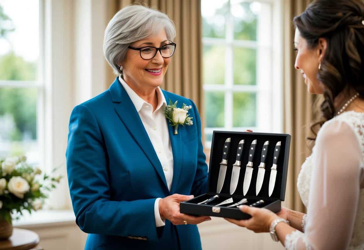 A mother presents her son with a set of high-quality kitchen knives on his wedding day