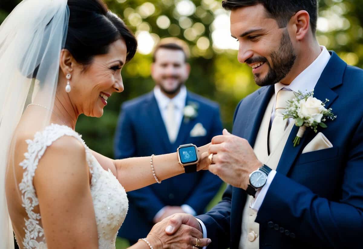 A mother hands her son a sleek smartwatch on his wedding day