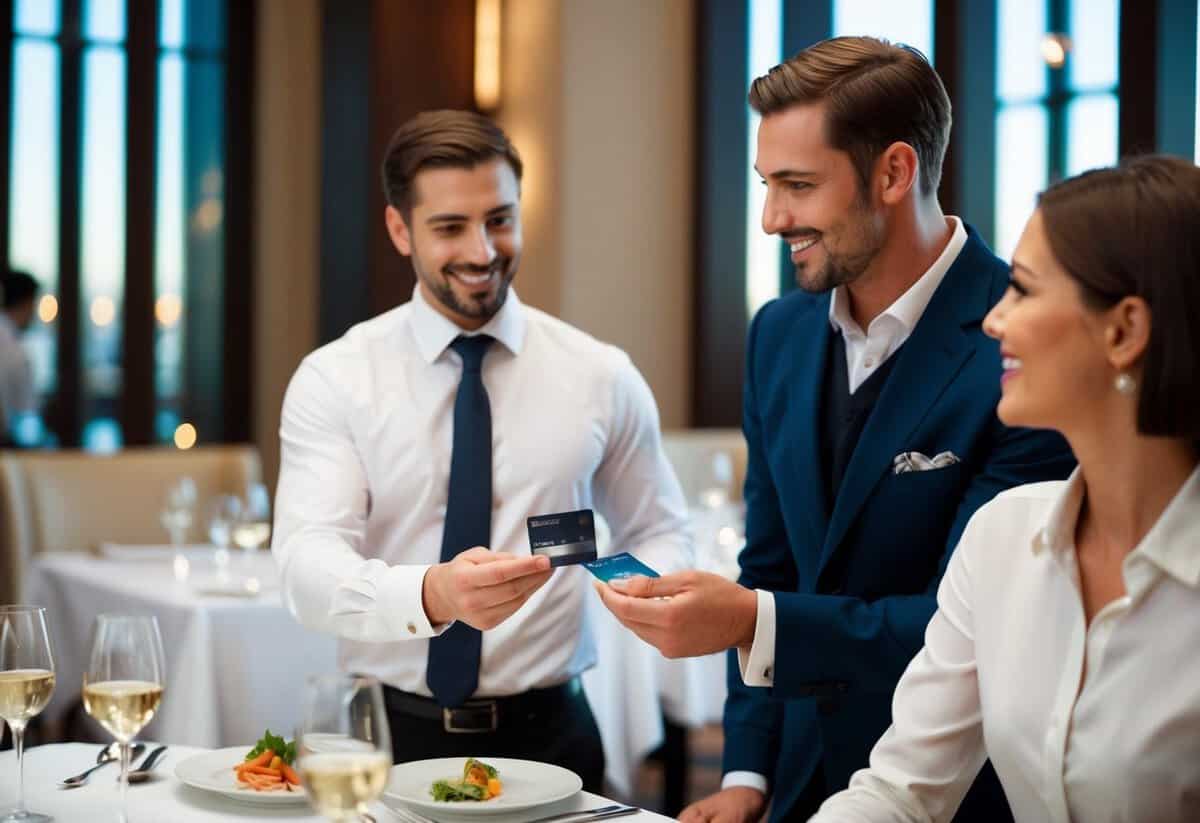 A man presents a credit card to the waiter at a fancy restaurant, while a woman looks on with a smile