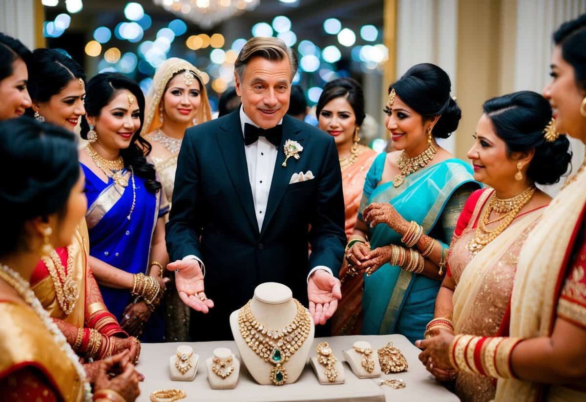 A wealthy man presents a dazzling array of jewelry to a group of brides