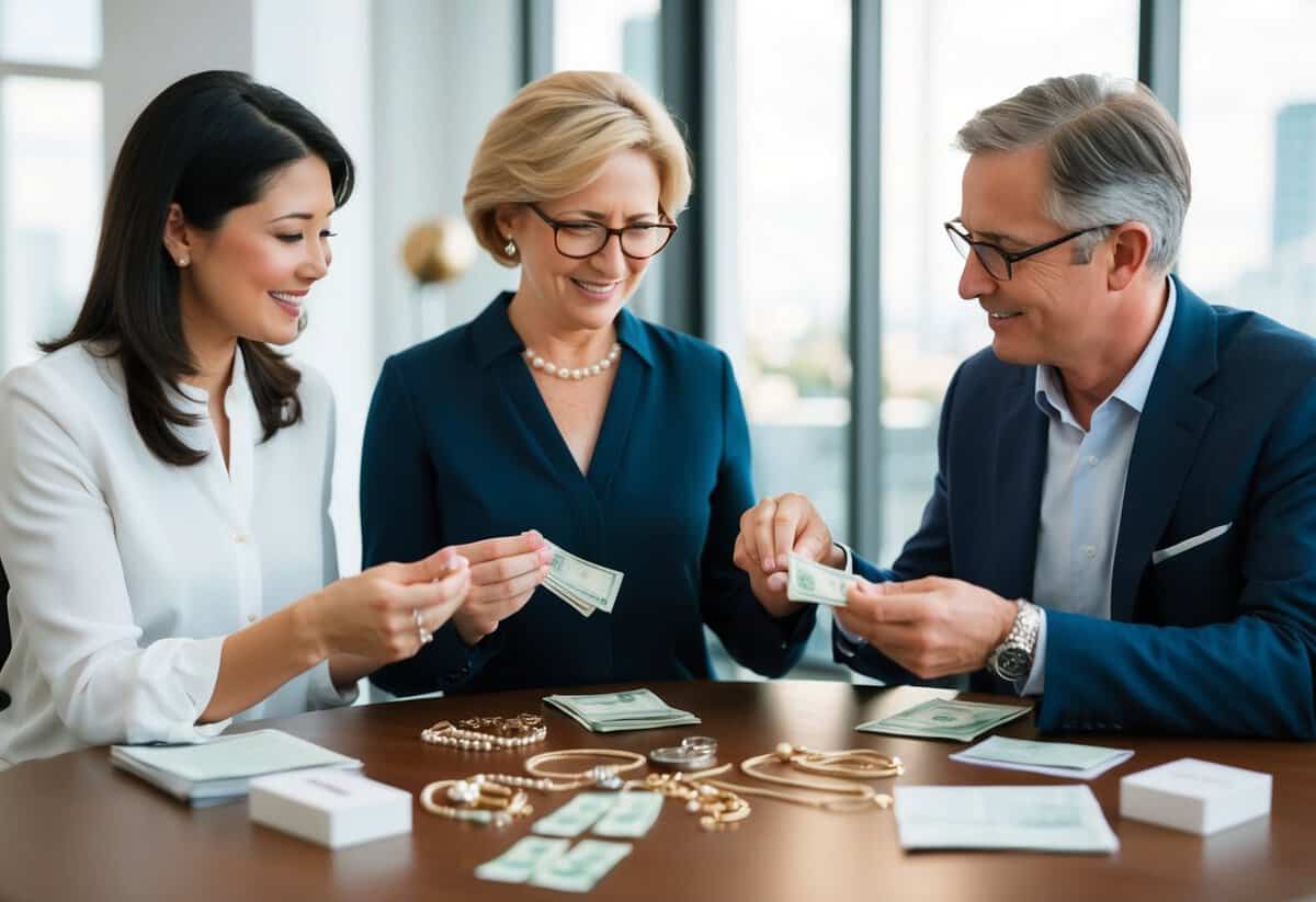 Two families at a table with jewelry displayed, discussing and exchanging money and receipts