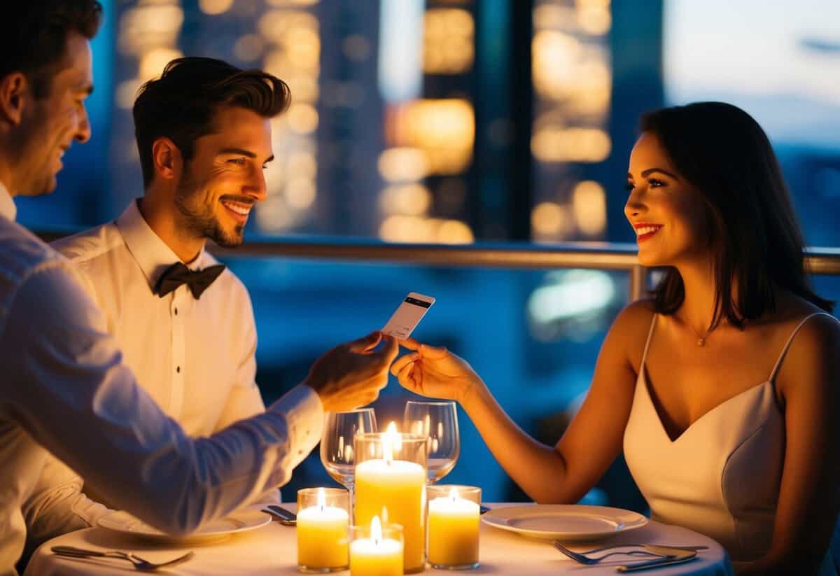 A couple sitting at a candlelit table, one handing a credit card to the waiter while the other looks on with a smile