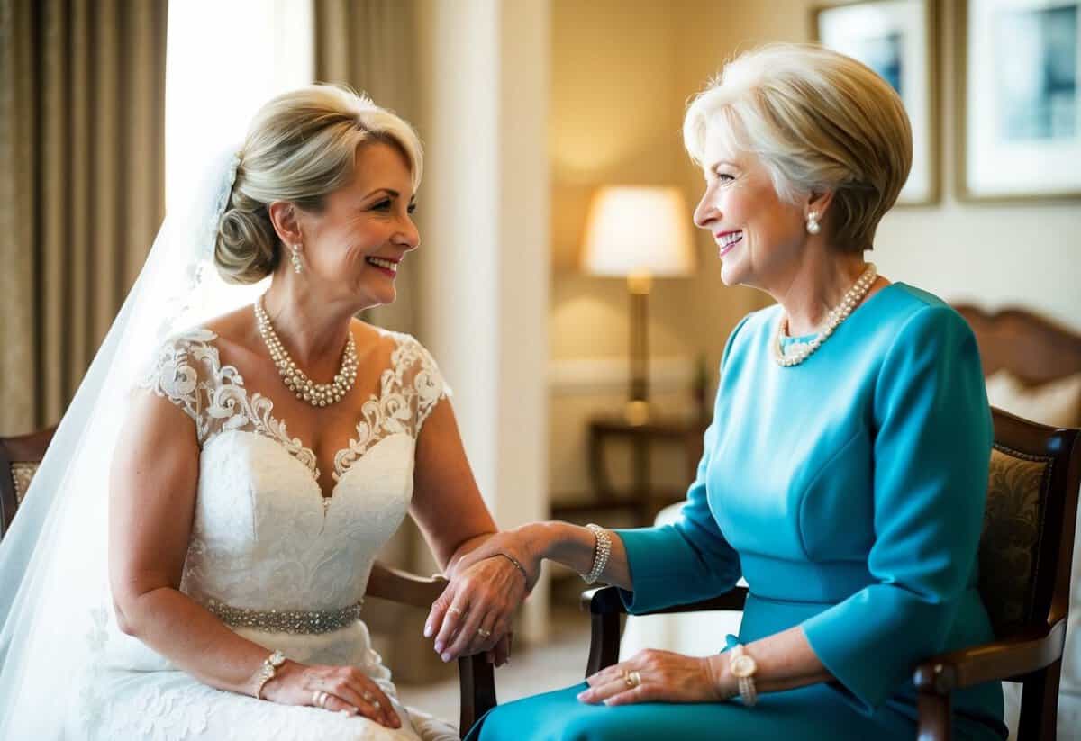 The mother of the bride sits next to a distinguished looking older woman with a warm smile, engaged in conversation