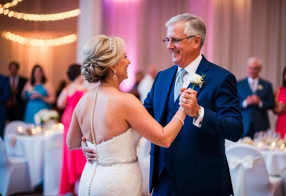The mother of the bride dances with her husband or another significant family member at the wedding reception
