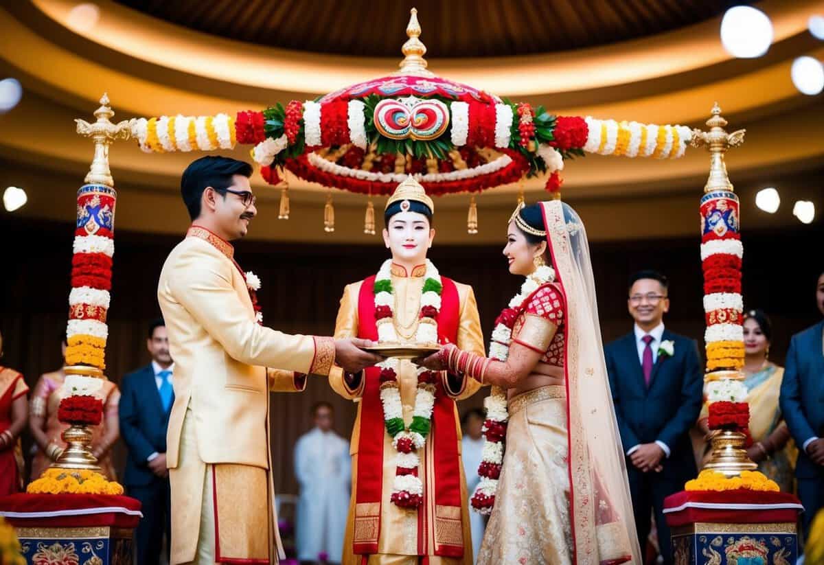 A figure stands at the center of a wedding ceremony, symbolically presenting the groom to the bride, surrounded by cultural symbols and traditional decorations