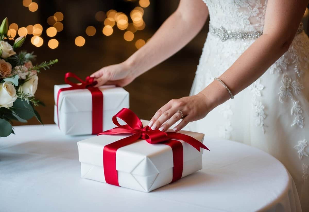 A bride places a wrapped gift on a table