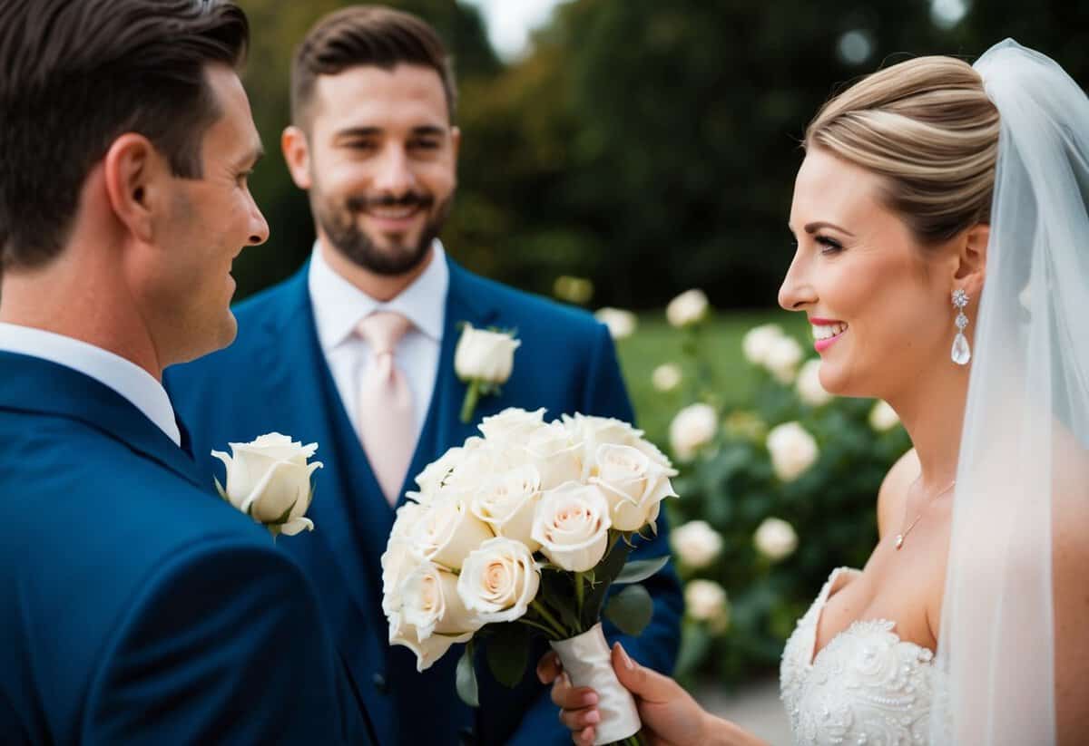 A groom presents a delicate bouquet of white roses to his blushing bride