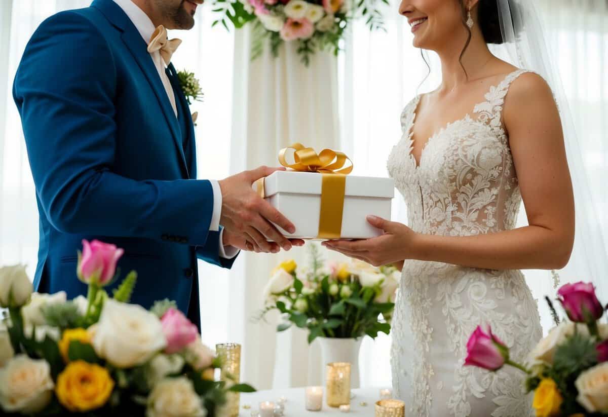 A bride presents a gift to the groom, surrounded by wedding decor and flowers