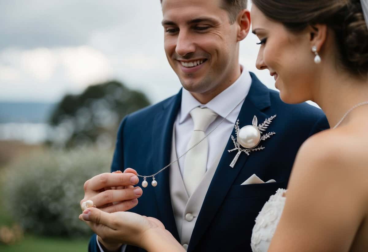 A groom presents a delicate silver necklace to his bride, adorned with a single pearl and engraved with their initials