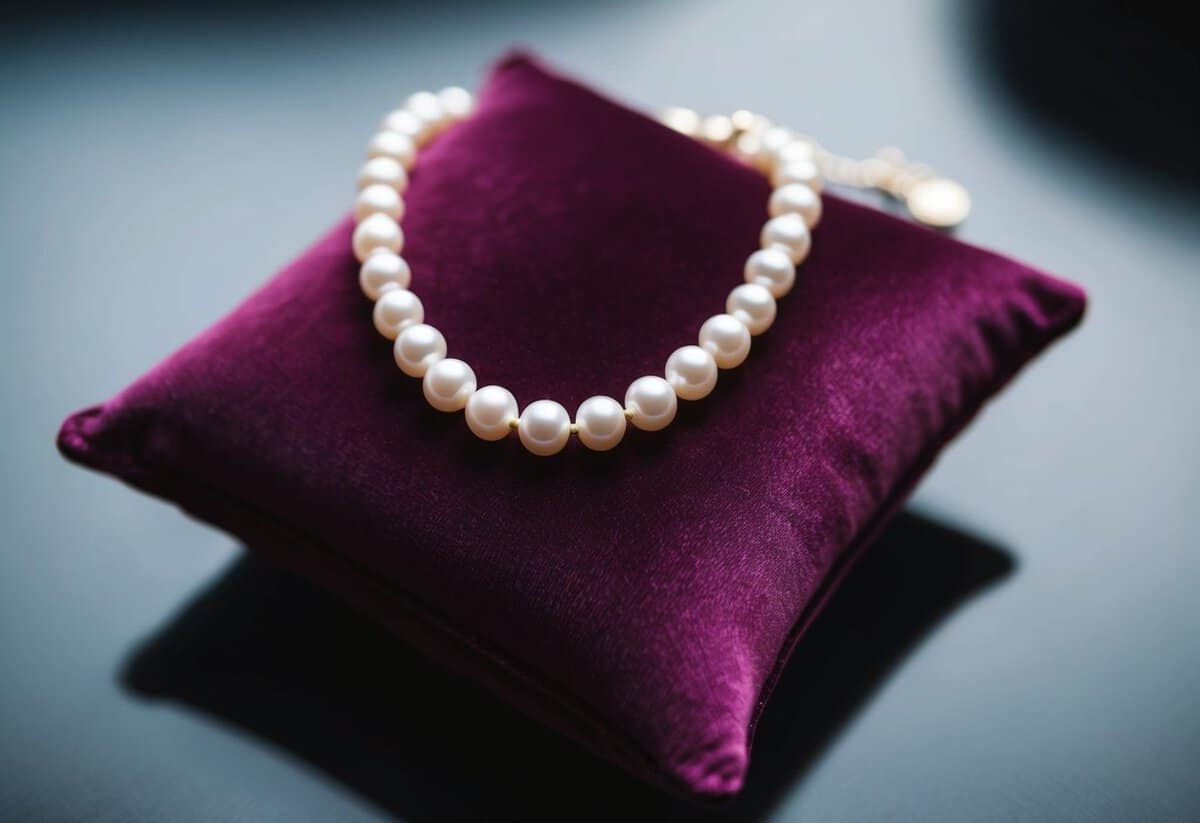 A delicate pearl necklace placed on a velvet cushion