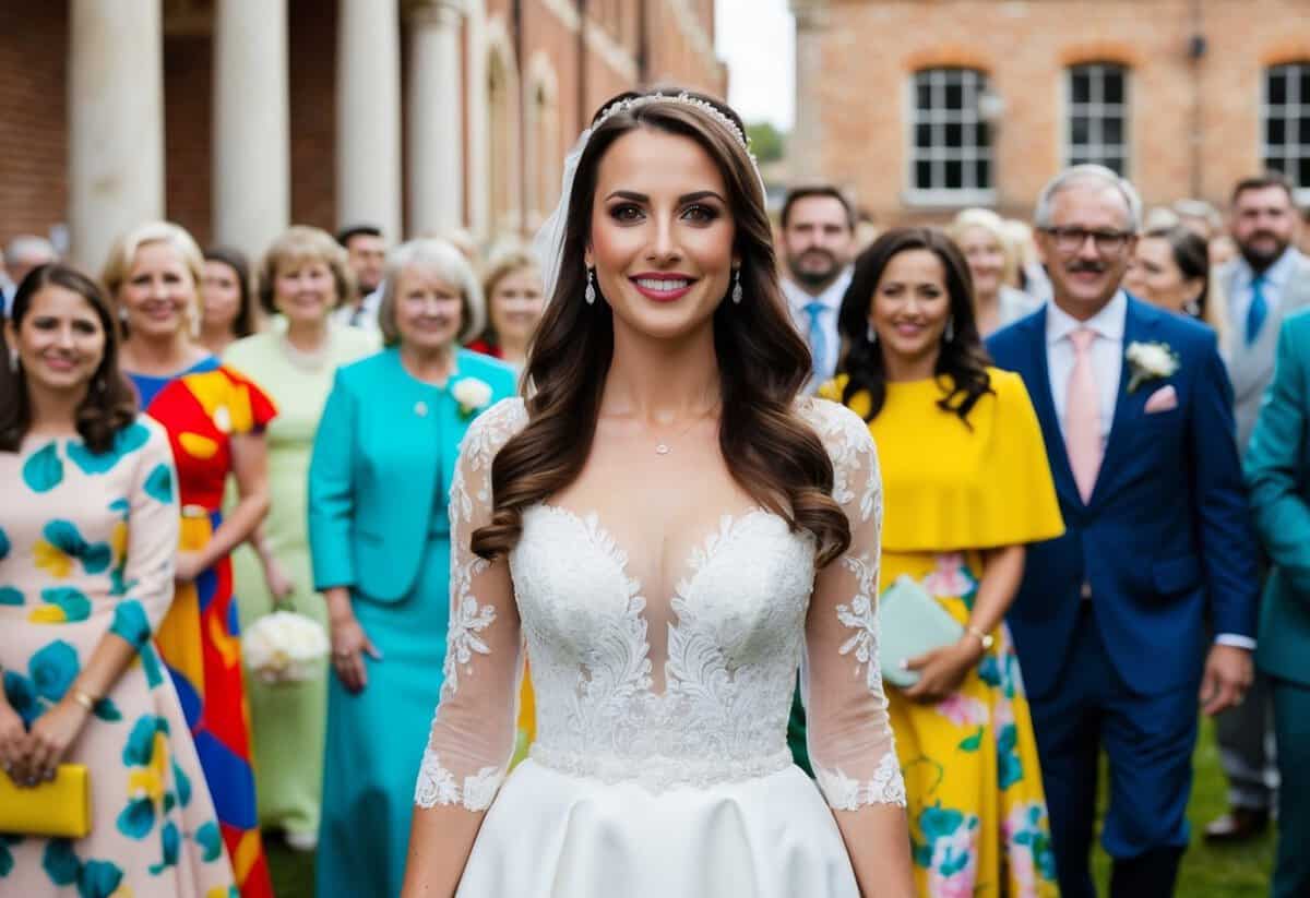 A woman in a white wedding dress stands surrounded by guests wearing a variety of colorful outfits