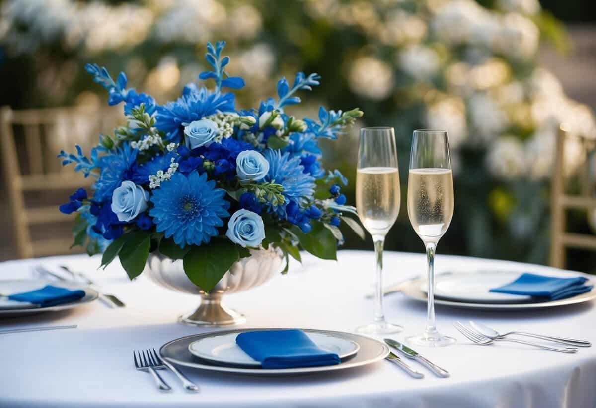 A blue floral arrangement sits on a white tablecloth next to a silver place setting and a champagne flute