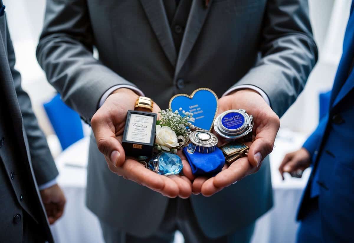 A groom holds a mix of old, new, borrowed, and blue items in his hands
