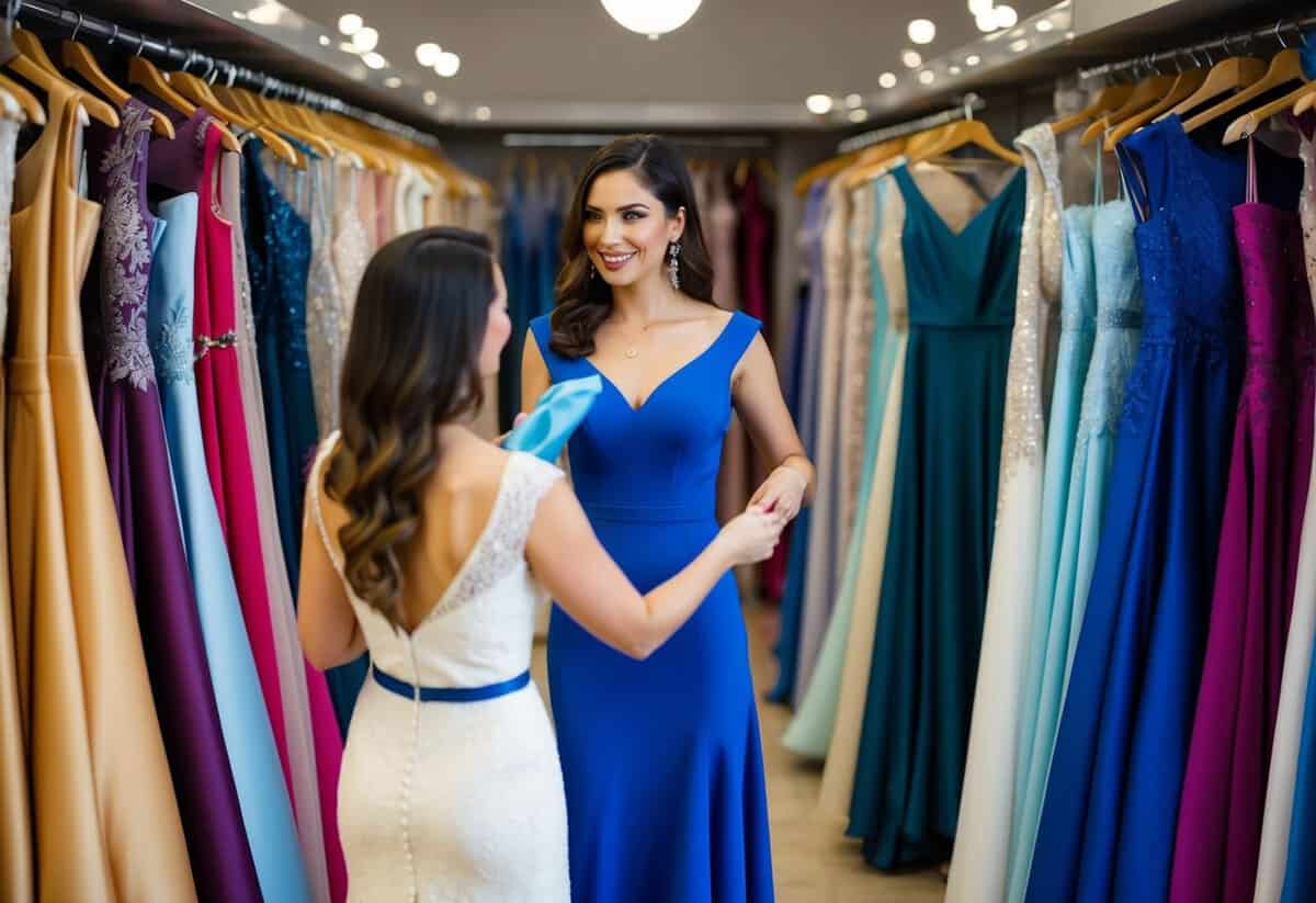 A woman in a formal dress shop, surrounded by racks of elegant gowns in various colors. A salesperson holds up a blue dress for her consideration