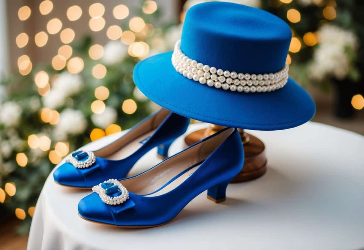 A mother of the bride outfit with a blue hat, matching shoes, and a pearl necklace