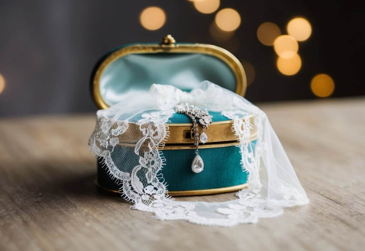 A bride needs something borrowed: a delicate lace veil draped over a vintage jewelry box
