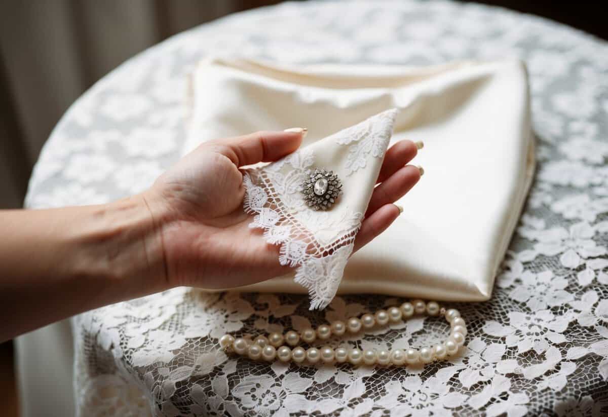 A bride's hand holding a delicate lace handkerchief, a vintage brooch, and a pearl necklace laid out on a lace tablecloth