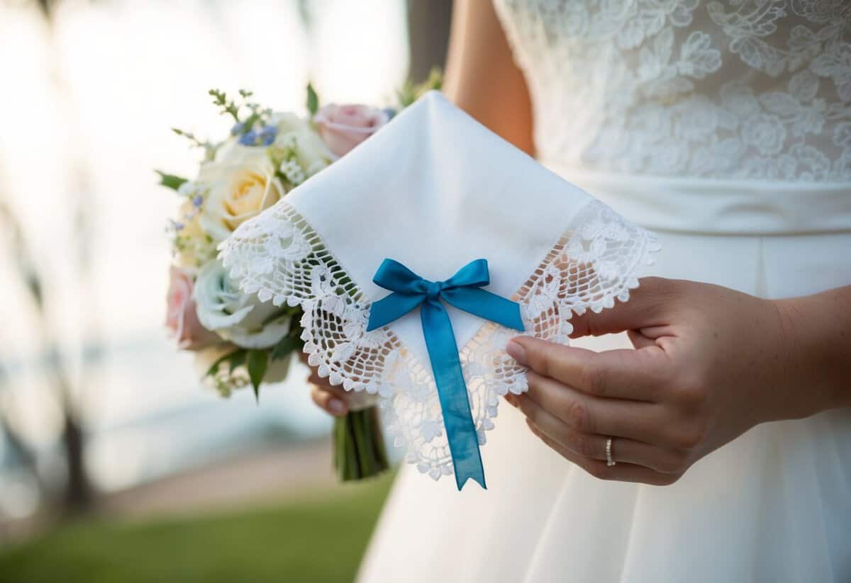 A bride holding a delicate lace handkerchief, a family heirloom, with a small blue ribbon tied around it, symbolizing something old, borrowed, and blue