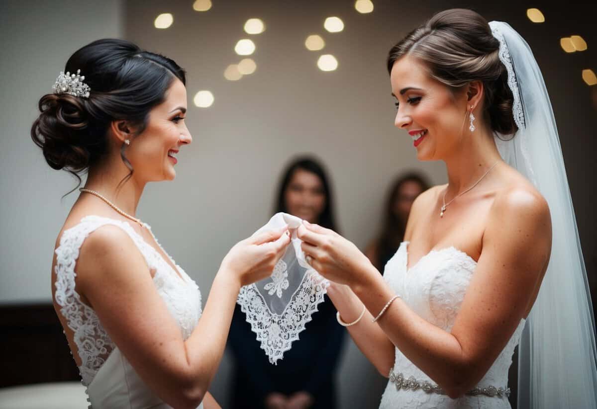A bride receiving a delicate lace handkerchief from a loved one