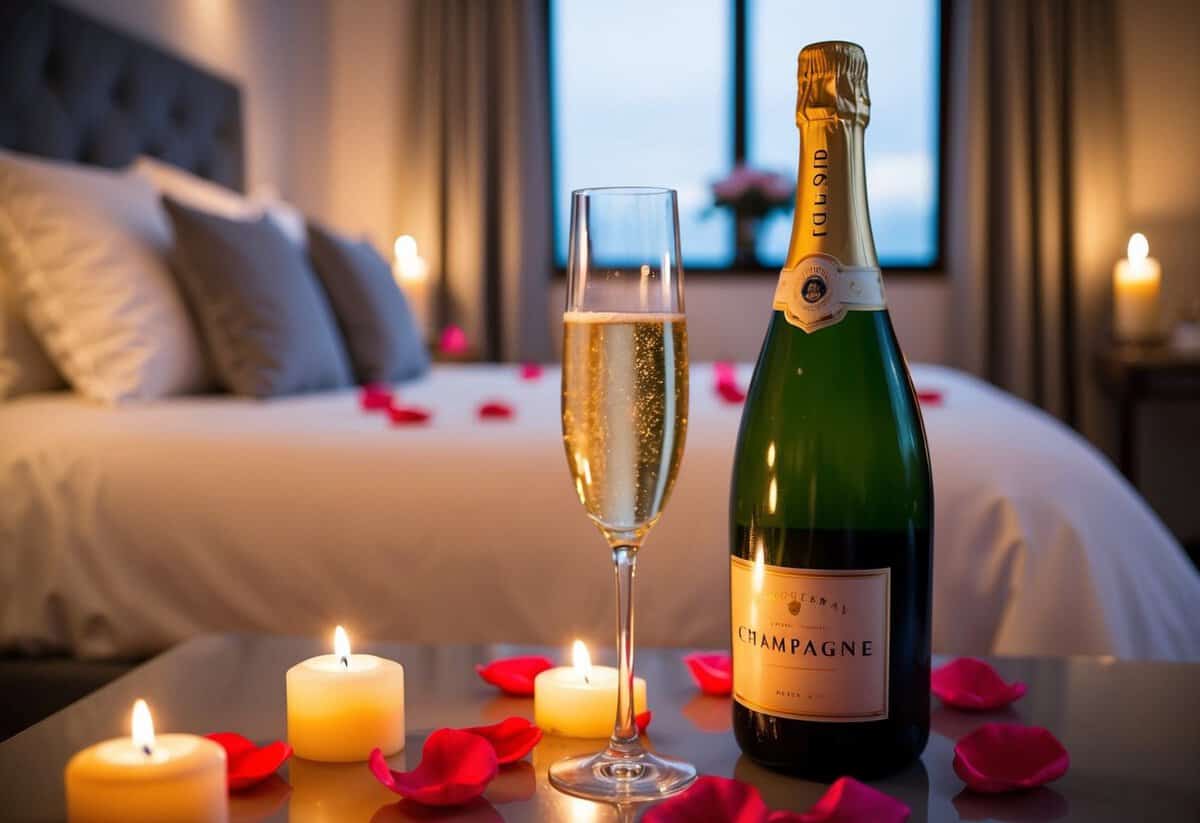 A cozy bedroom with soft candlelight, a bed adorned with rose petals, and a bottle of champagne on ice