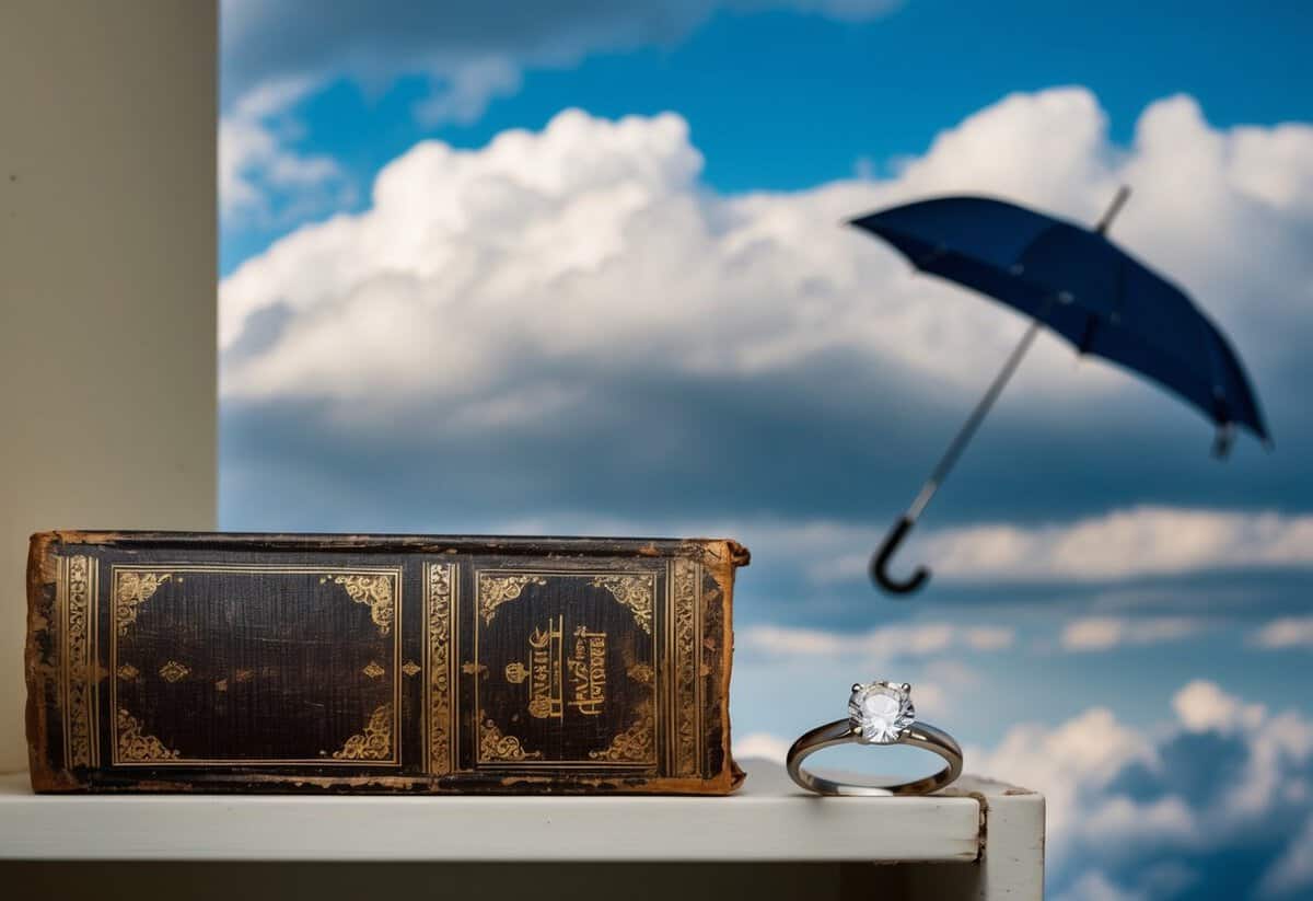 An old, weathered book on a dusty shelf, a shiny new ring, a borrowed umbrella left leaning against a wall, and a blue sky peeking through the clouds