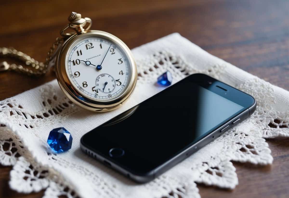 A vintage pocket watch (old) sits next to a sleek smartphone (new) on a lace handkerchief (borrowed) with a small sapphire (blue) placed nearby