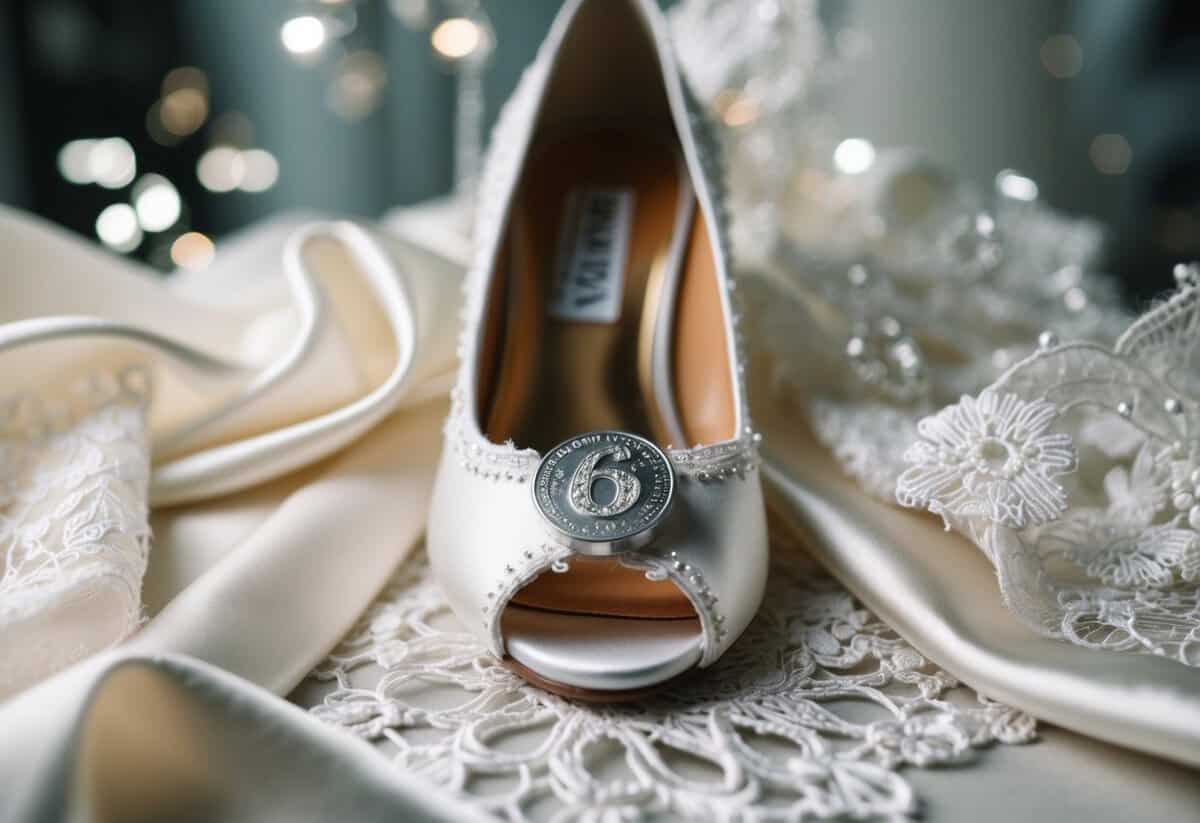 A bride's shoe with a sixpence tucked inside, surrounded by delicate lace and satin fabric