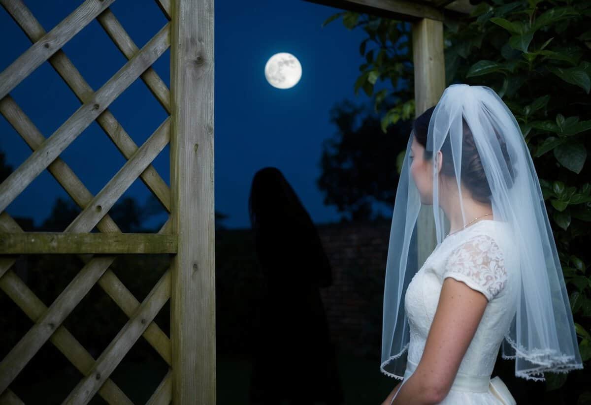 A moonlit garden with a veil-clad figure peering through a lattice at a shadowy silhouette