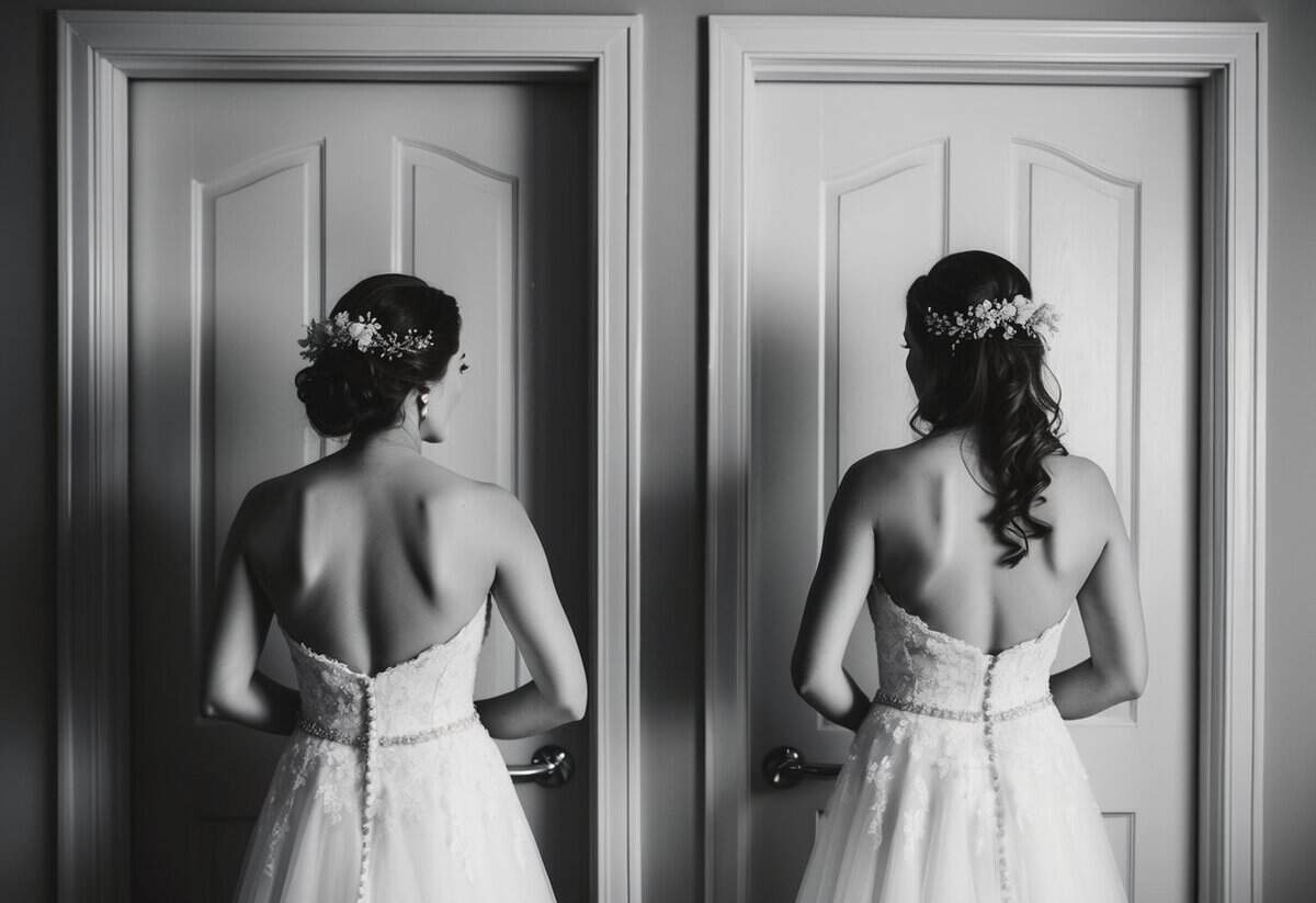 A bride and groom stand on opposite sides of a closed door, unable to see each other the night before their wedding