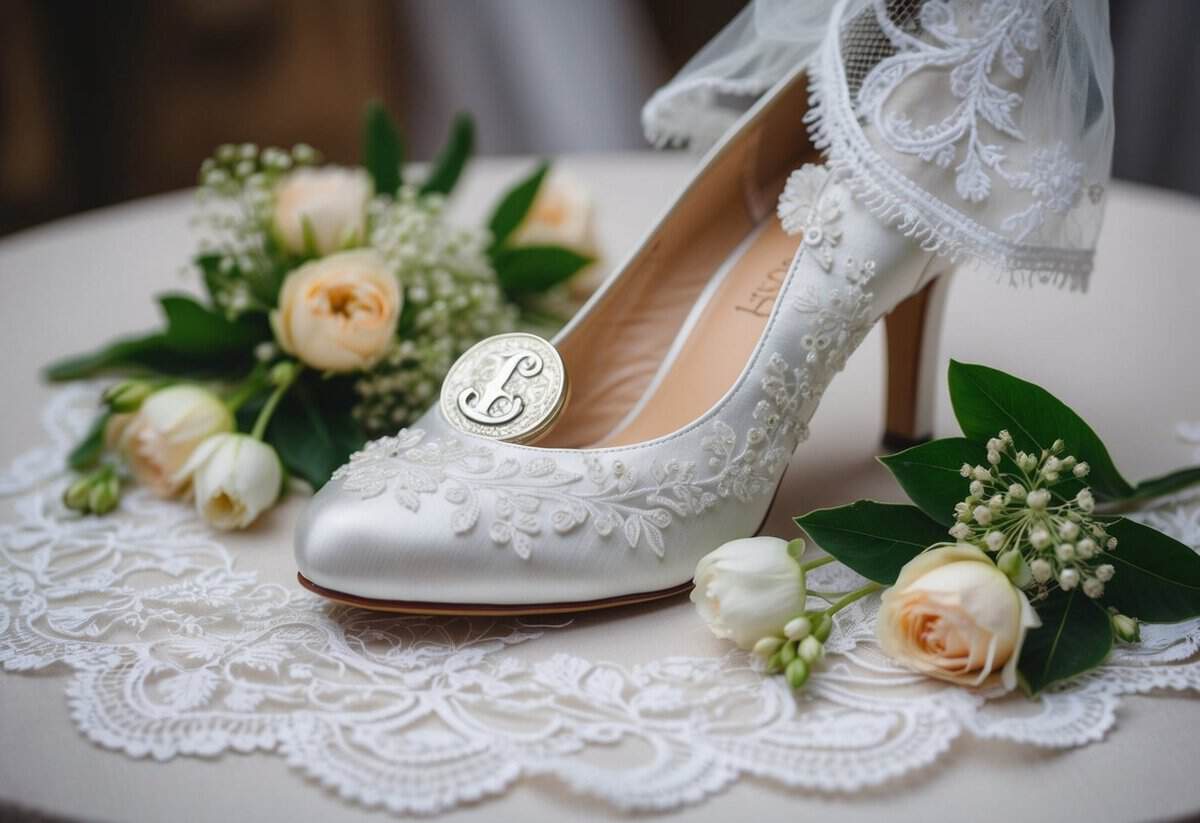 A bride's shoe with a sixpence tucked inside, surrounded by delicate lace and floral details
