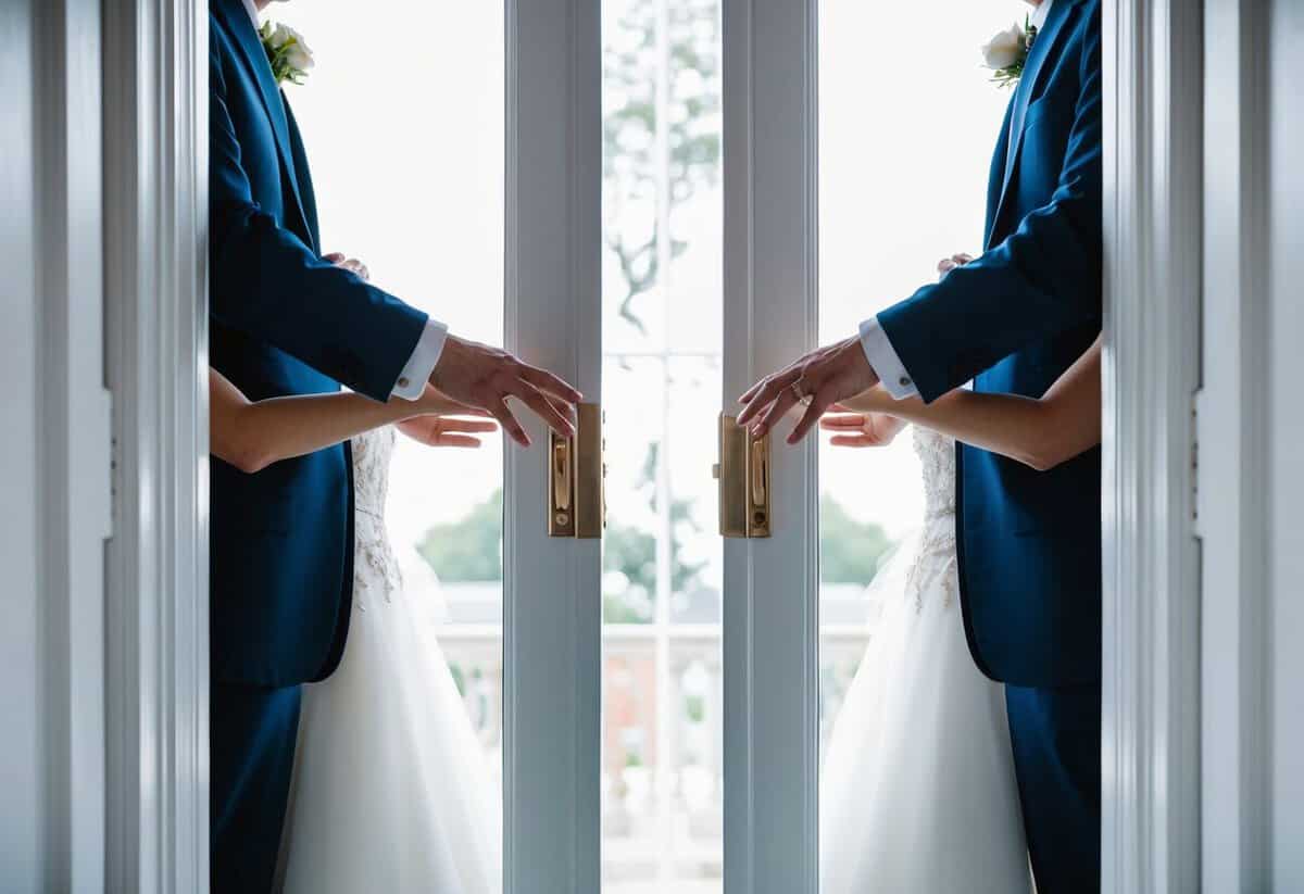 A bride and groom stand on opposite sides of a closed door, reaching out to touch each other's hands without making contact
