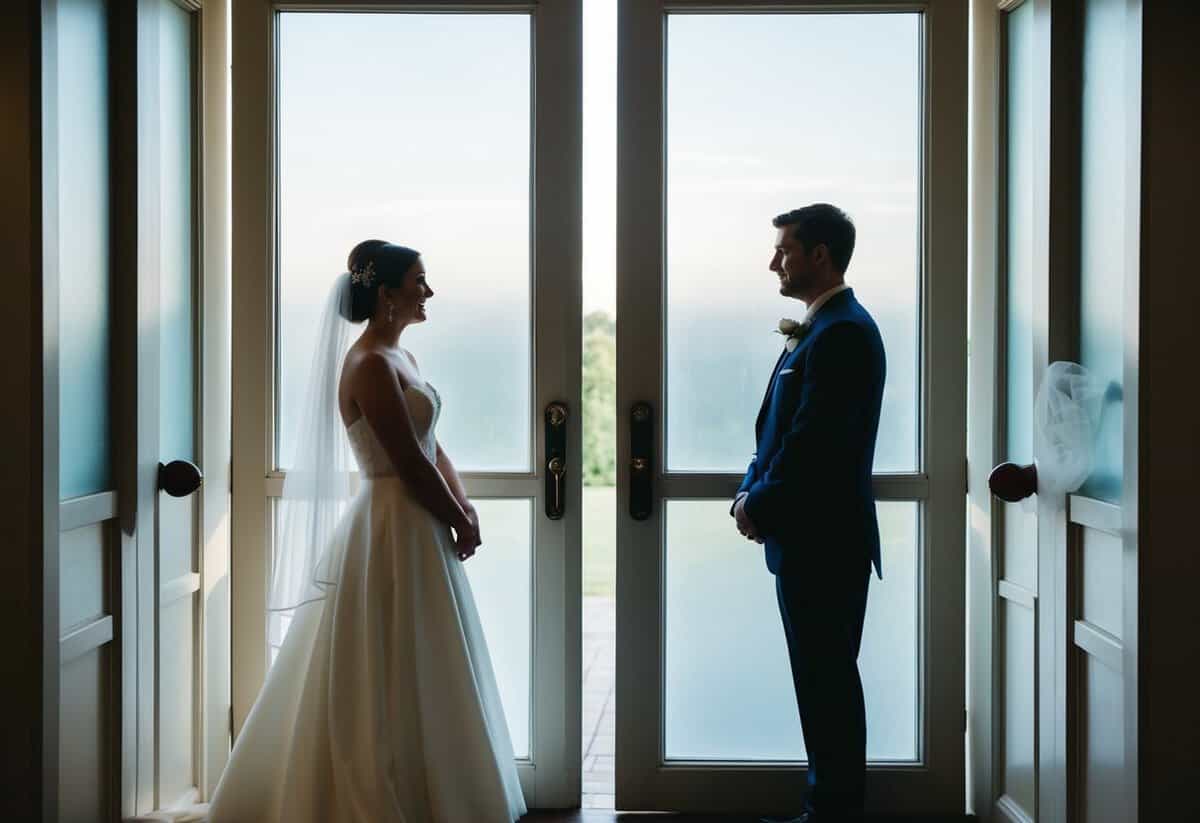 A bride and groom stand on opposite sides of a closed door, their silhouettes visible through the frosted glass
