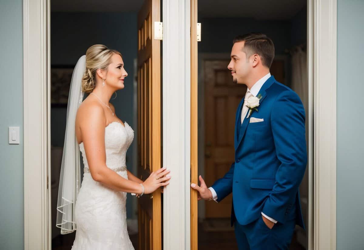 A bride and groom stand on opposite sides of a closed door, each with a hand resting on the wood, contemplating whether to see each other the night before their wedding