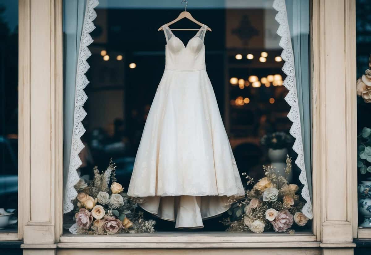 A weathered wedding dress hanging in an antique shop window, surrounded by vintage lace and faded silk flowers