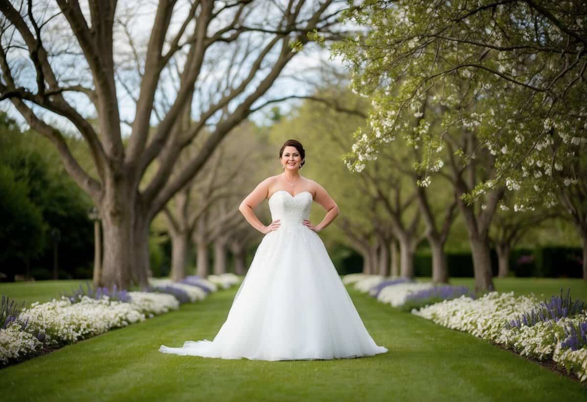 A woman in a wedding gown stands confidently, surrounded by mature trees and blooming flowers, symbolizing grace and beauty in later-life marriage