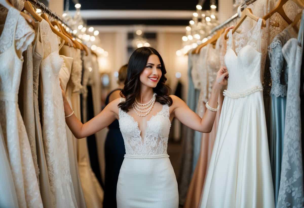 A woman surrounded by vintage lace, pearls, and silk fabrics, trying on a variety of elegant wedding dresses in a boutique