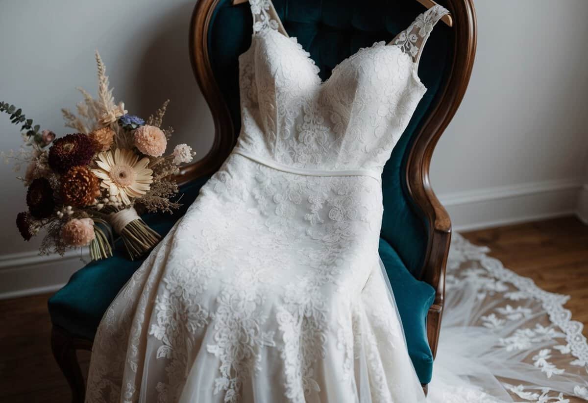 A vintage lace wedding gown draped over a velvet chair, surrounded by a bouquet of dried flowers in muted tones