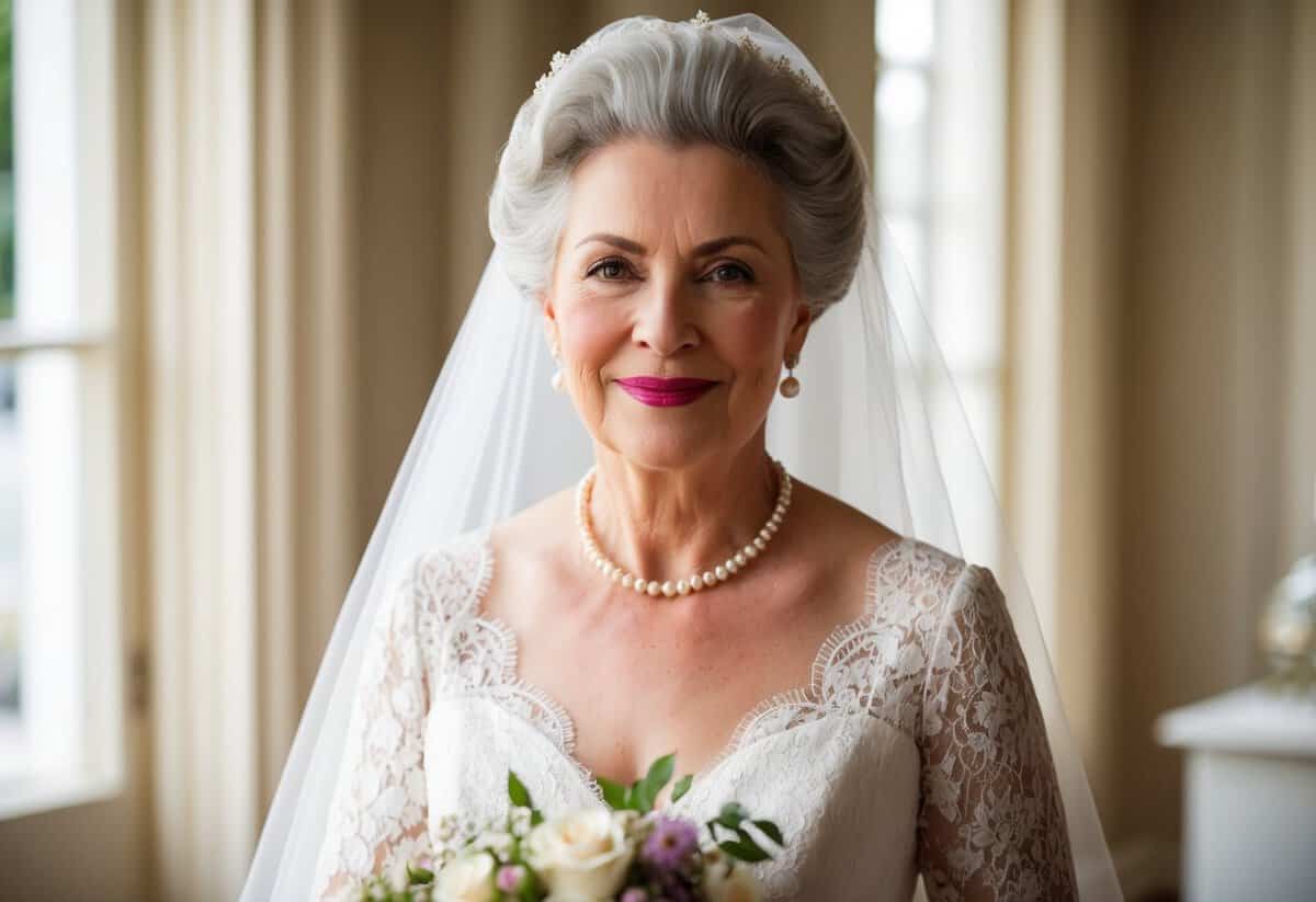 A mature woman in a vintage lace wedding gown, wearing a delicate pearl necklace and holding a small bouquet of flowers