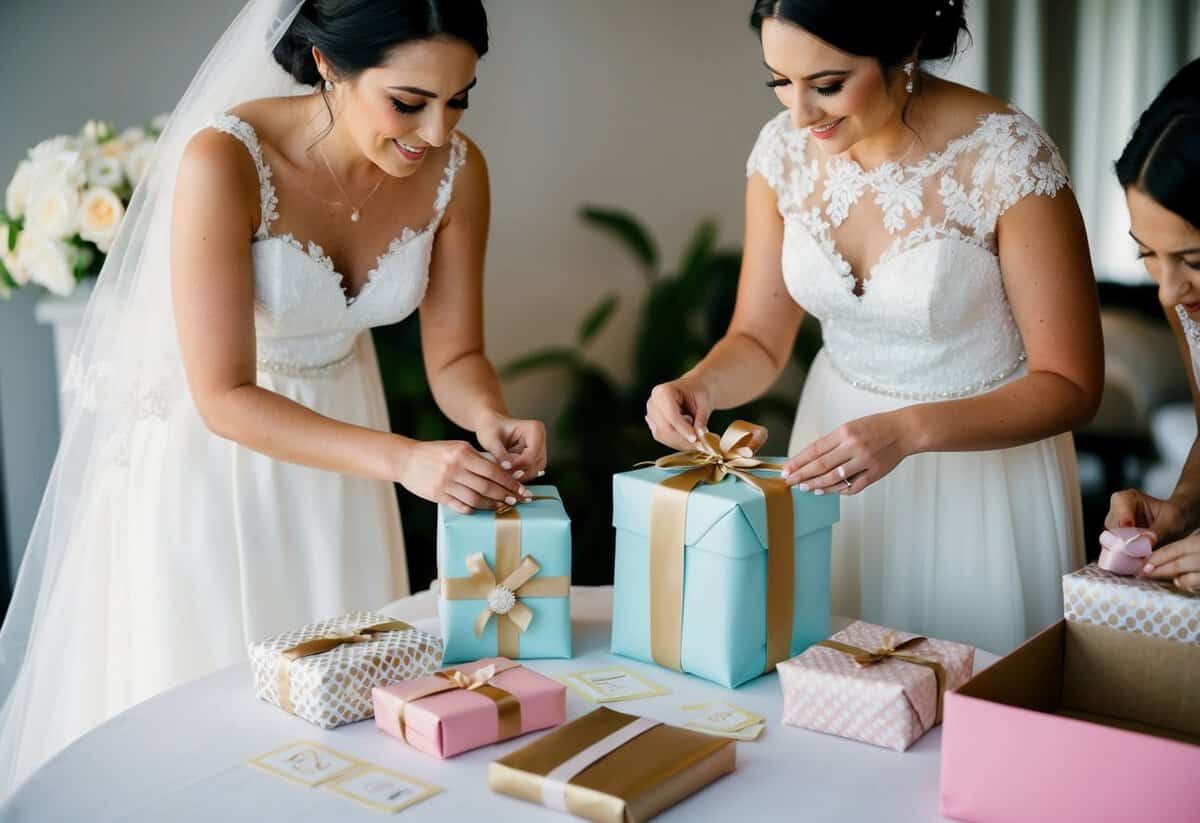 A bride carefully selecting and wrapping thoughtful gifts for her bridesmaids, with a variety of options laid out on a table for consideration