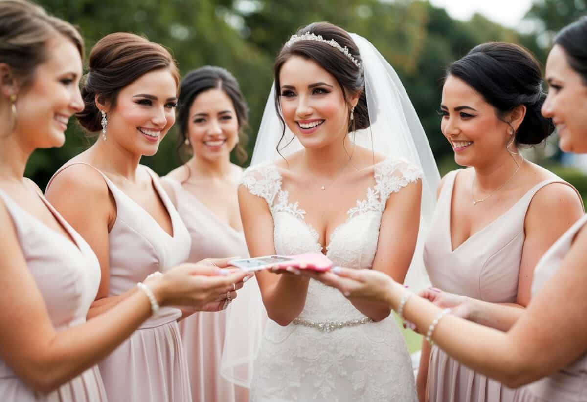 A bride holding out her hand for payment from her bridesmaids at a bridal shower