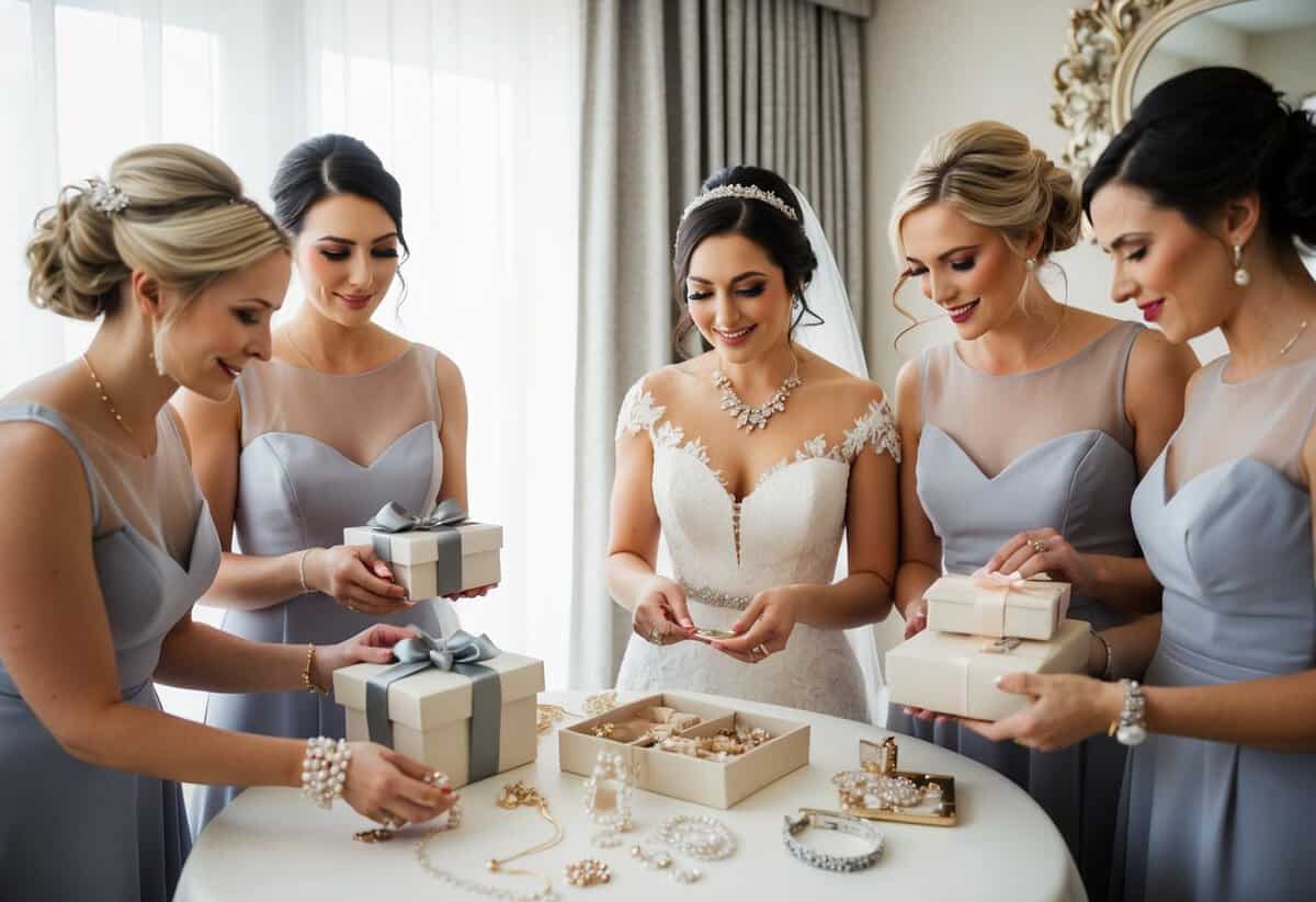 A bride carefully selecting thoughtful gifts for her bridesmaids, surrounded by elegant jewelry, delicate trinkets, and luxurious accessories