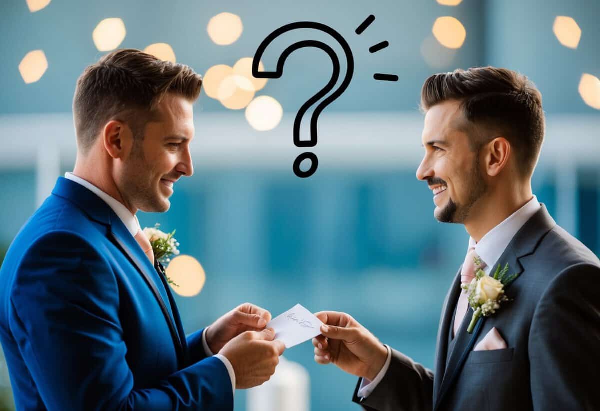 A groom handing a note to his best man with a question mark above their heads