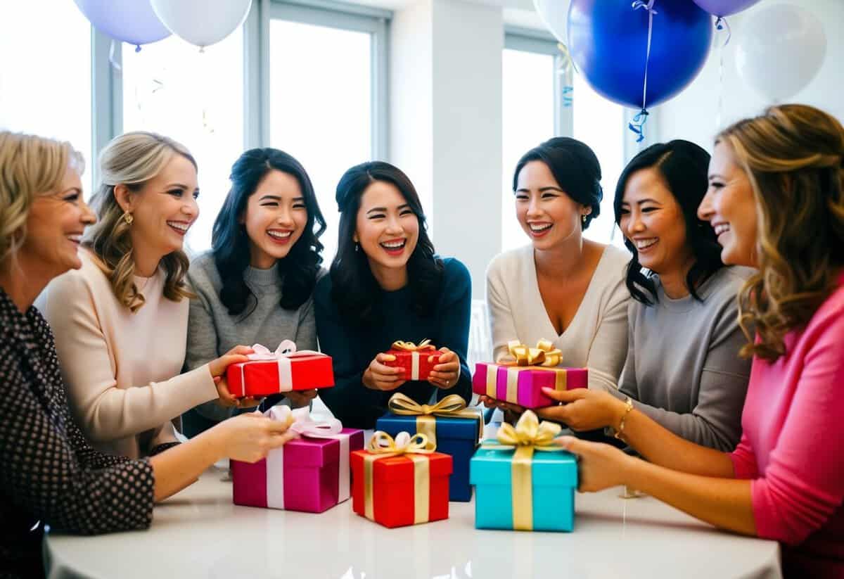 A group of women gather around a table, smiling and laughing as they exchange gifts and celebrate the upcoming wedding