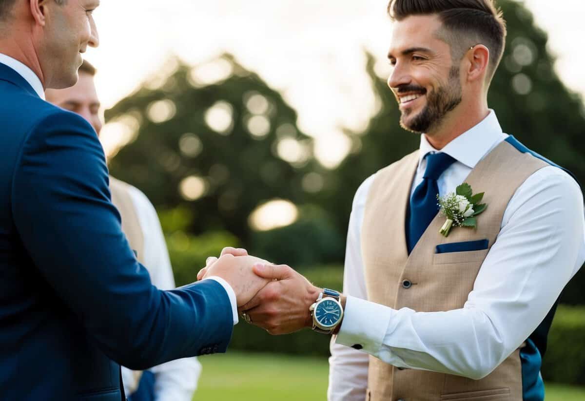 The best man handing a watch to the groom, symbolizing the passing of time and the responsibility of his role