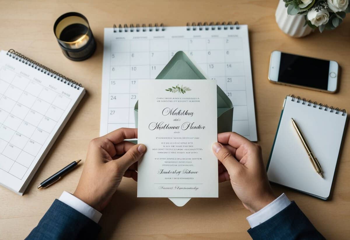 A person holding a wedding invitation with a thoughtful expression, surrounded by a calendar, pen, and phone