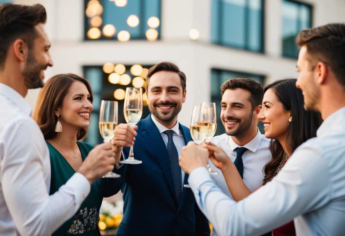 A group of friends raising their glasses in a toast, with a smiling man in the center being congratulated by the others